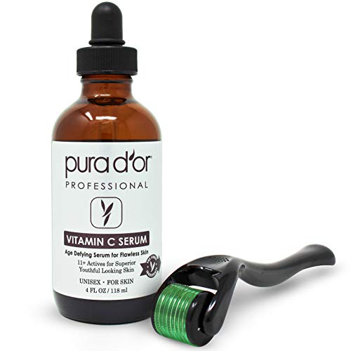 Vitamin C Serum with Derma Roller Set for Face & Eyes - Brightening & Hyperpigmentation Treatment