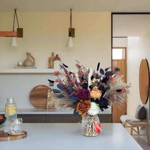 Fall Dried & Artificial Floral Centerpiece in Vase – Orange Bouquet for Thanksgiving & Xmas Decor
