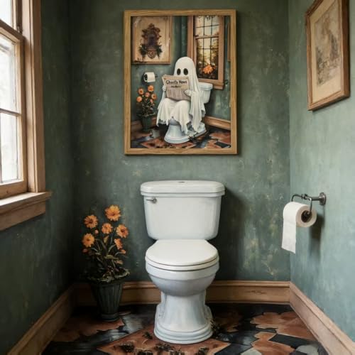 Ghost Reading Newspaper Wall Art - 10x8 Inch Framed Halloween Bathroom Decor - Whimsical Ghost Wall Print