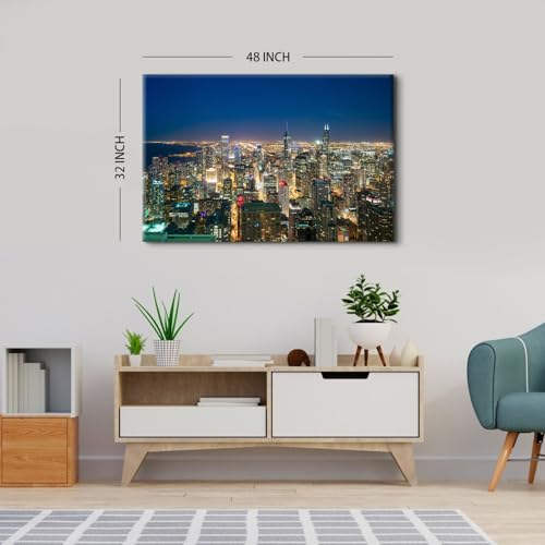 Chicago Skyline Wall Art Canvas - Night View Panorama for Office & Home 48"L x 32"W - Variation of Nightview02
