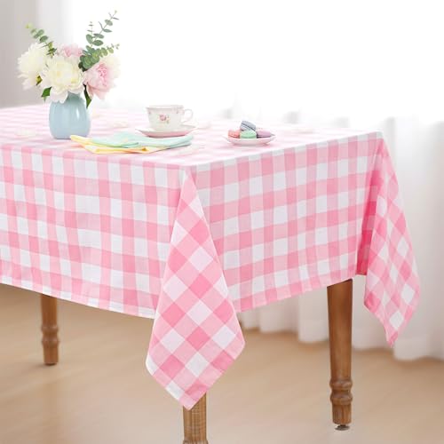Pink Checkered Tablecloth 56x120 Inch Rectangular Polyester Farmhouse Decor - Pink & White