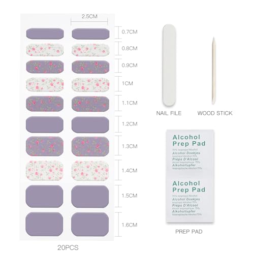 Semi Cured Gel Nail Art Sticker Wrap - White Purple Flower, 20 Strips