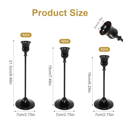 Black Candle Holder Set - 12pcs Taper Candlestick Holders for Pillar Candles, Decor, Halloween & Christmas - Black Variation