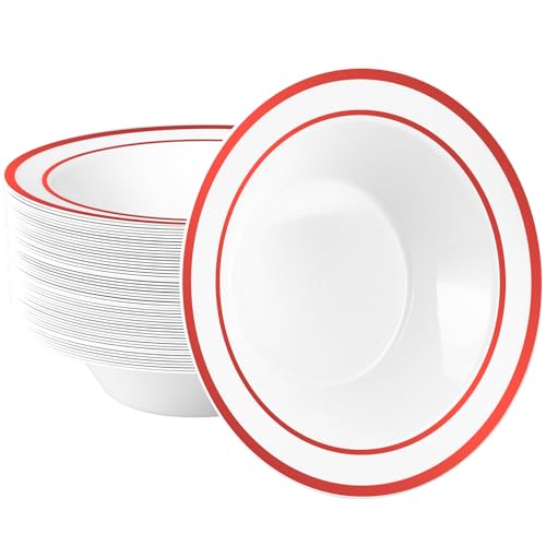 Disposable Plastic Bowls with Red Rim - 50 Pack, 12oz Food-Grade, BPA-Free