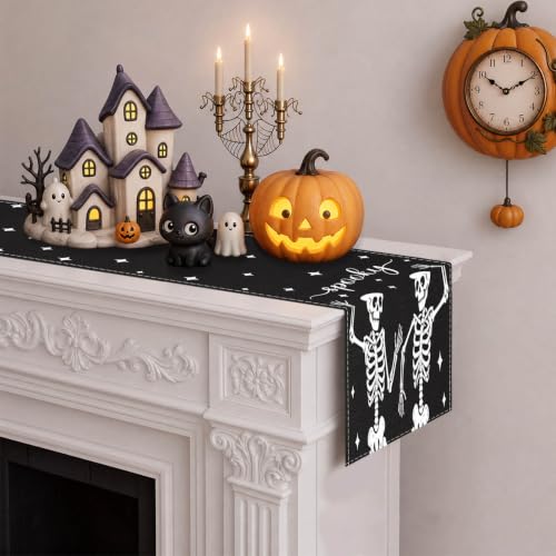 Halloween Table Runner Spooky Skeleton Decor 13x72 Inch - Black Halloween Table Decor
