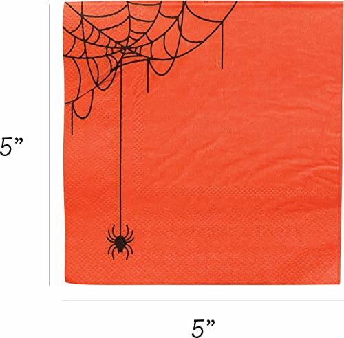 Halloween Cocktail Napkins - 100 Pack Disposable Orange Paper with Spider Web Design