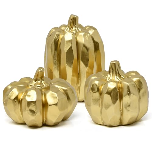 Gold Pumpkin Decor Set - Fall Thanksgiving Table Centerpieces, 3 Pcs