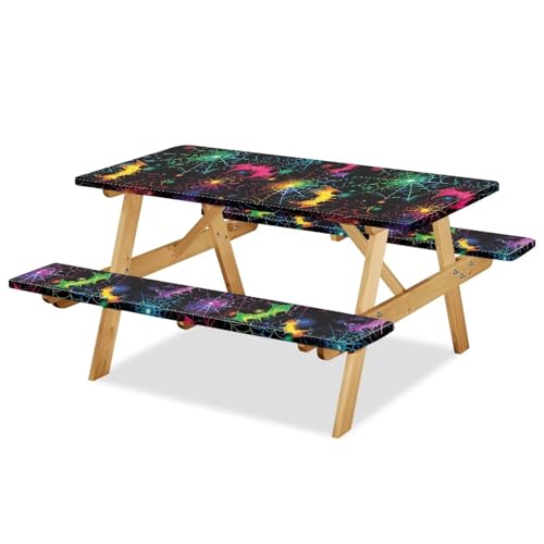 Halloween Bat Spider Web 8 Ft Picnic Table Cover and Bench Covers Set - Waterproof & Windproof, 3 Pieces