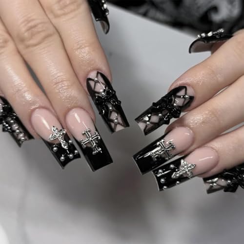 Square Press On Nails - Medium Fake Nails with Glossy Finish & Rhinestone Cross - Variation FN064A32