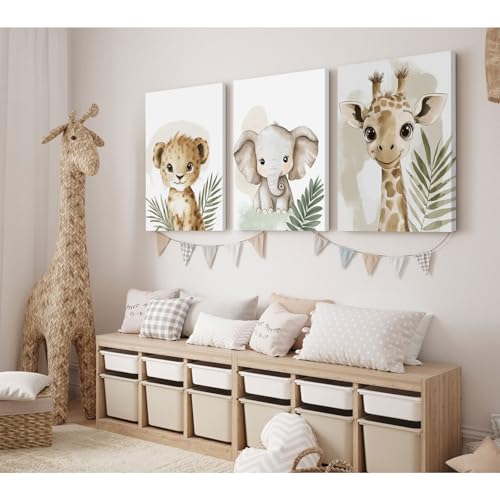 Nursery Animal Wall Art Decor Canvas Prints for Kids Room - Safari Jungle Giraffe Elephant Leaf Variation 12x16 Inch