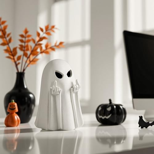 Light Up Ghost Figurine - 5.1 Inch Cute Spooky Halloween Decor, Indoor & Porch Resin Statue - White