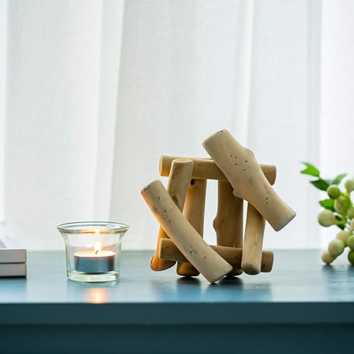 Wooden Tea Light Candle Holder Set with Glass Cups - Rustic Coastal Style, Pack of 3