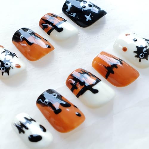 Halloween Press On Nails Short Square False Nails - Handmade Festive Orange Black M