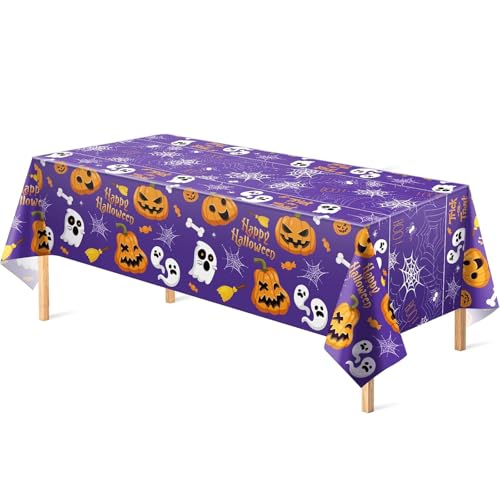Halloween Tablecloth - Purple Ghost Spider Web Pumpkin 52x87in Disposable Plastic Table Cover - Style4