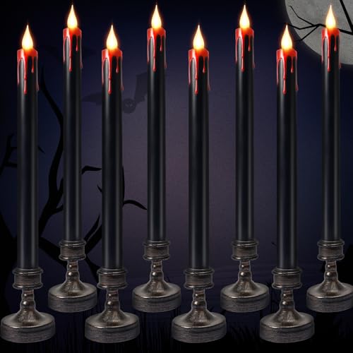 Black Flameless Bleeding Taper Candles with Base - Halloween Set, 8 Pack, Blood Variation