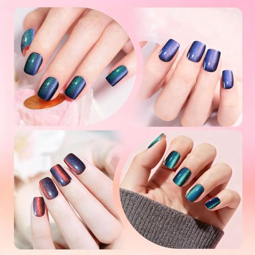 Allstarry Cat Eye Press-On Nails 120pcs Short Square Galaxy Blue - Chameleon Glossy