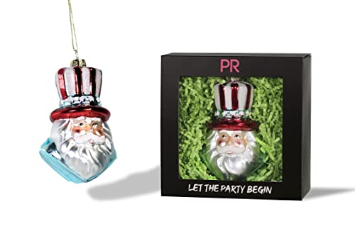 Patriotic Santa Glass Ornament - Holiday Christmas Tree Decor - Party Rock