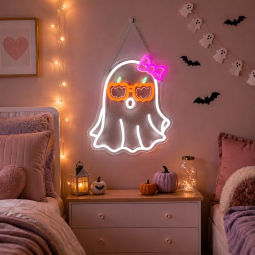 Ghost Pumpkin Glasses Neon Sign LED Light Halloween Wall Decor - Pink Bow Variation