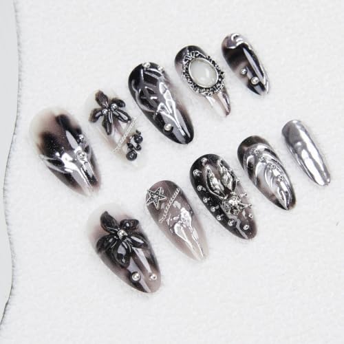 Halloween Y2K Black Press On Nails with 3D Flowers & Silver Charms - Variation 1272