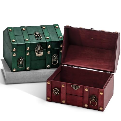 Vintage Wooden Treasure Chest Box with Lock for Jewelry Coins Storage Kids Gift