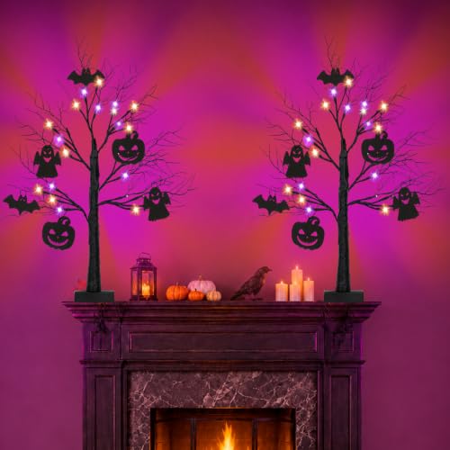 Black Halloween Tree Set with LED Lights, Ornaments & Timer - 24 Inch