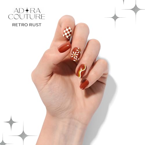 Adora Couture Retro Rust Gel Nail Strips Set - Semi Cured UV Nail Wraps, Manicure Kit with Prep & File