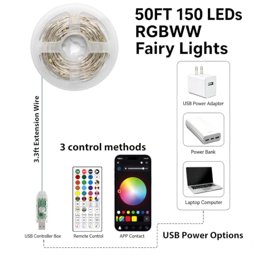RGB USB Fairy Lights 50ft 150 LEDs with Remote & App Control, Music Sync, Timer, Indoor Holiday Decor