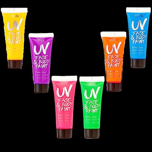 UV Body & Face Paint 10ml 6 Pack Neon Glow-in-the-Dark Makeup for Parties