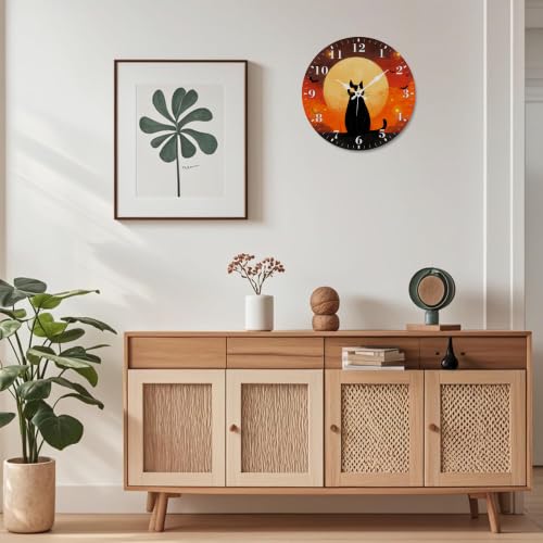 12-Inch Silent Wall Clock - Halloween Cat & Full Moon Design - Home Decor