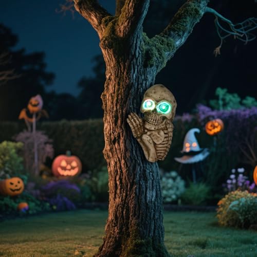 Aged Halloween Skull Solar Light Outdoor 9'' Spooky Skeleton Garden Decor - Ghost & Tree Peeker