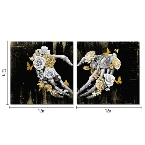 Small Gothic Skull Heart Wall Art Set - Black Gray Gold Framed Artwork for Gothic Decor