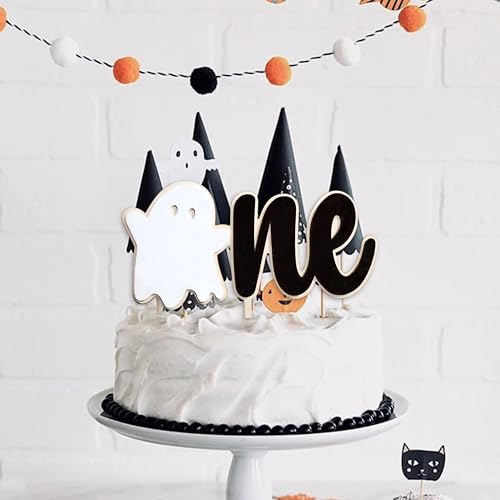 Ghost Cake Topper with Stars and Heart - Halloween First Birthday Decoration - Black & White Variation