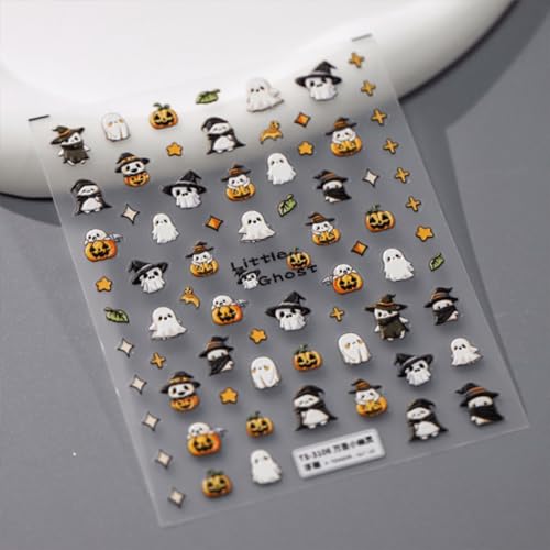Halloween Nail Stickers Set - Embossed 5D Ghost & Pumpkin Designs, Style 13