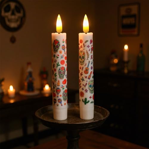 2 Pack Dia De Los Muertos Flameless Candles with Timer Remote - Skeleton & Flower Design
