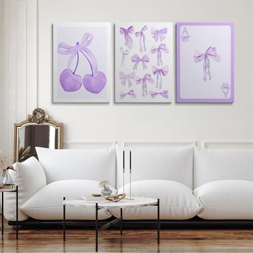Framed Purple Coquette Bows Wall Art Set of 3 - 12x16 Inch Dorm Room Decor