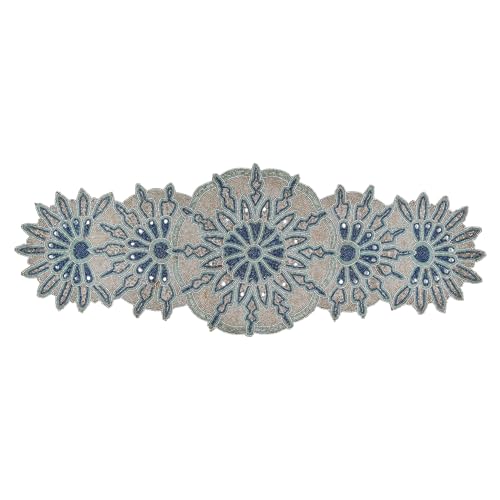 Hand Beaded Silver Green Table Runner 13x36 Inch Accent Decor