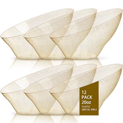 Gold Glitter Plastic Serving Bowls - 20oz Disposable Snack & Fruit Bowls, Set of 12