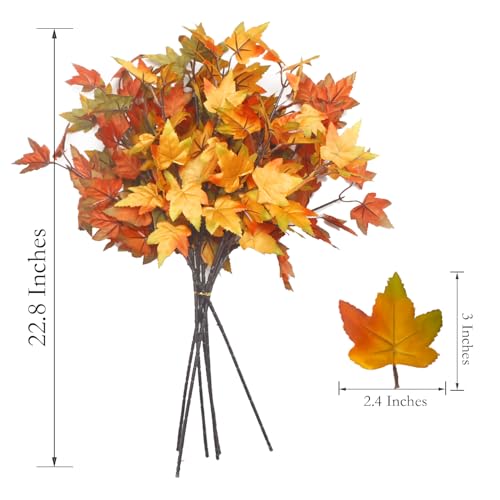 Artificial Maple Leaves Branches 6-Pack Fall Decor Mix for Thanksgiving & Halloween