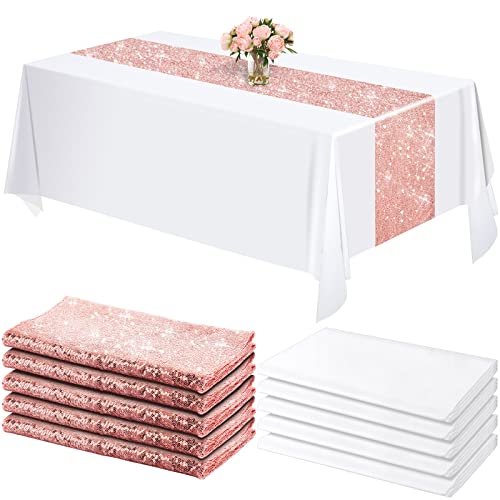 Disposable Tablecloth and Sequin Table Runner Set for Weddings & Parties - 8ft Rectangular, White & Rose Gold