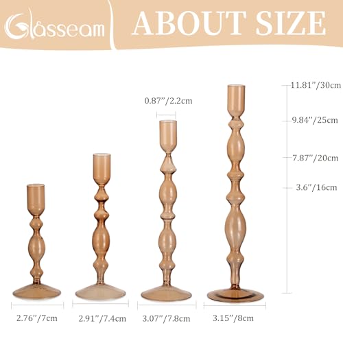 Tall Glass Candlestick Holders Set with 4 Sizes - Fall Decor, Amber Variation 2 (S+M+L+XL)