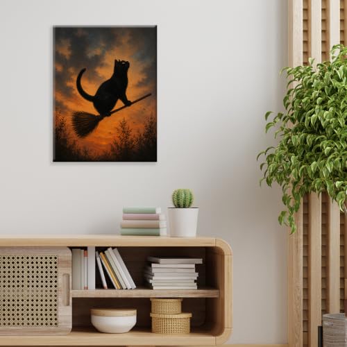 Halloween Wall Art Framed Canvas Print Black Cat Broom - Variation of THIS listing