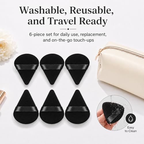 Black 6-Piece Triangle Powder Puffs - Velour Makeup Sponges for Loose & Compact Powder