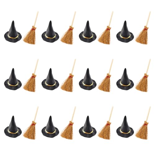 Mini Witch Hat and Broom Set for Halloween Decorations - 24PCS