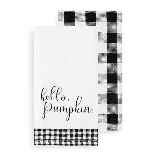 Farmhouse Kitchen Towel Set Black & White 18x28 - Hello Pumpkin & Check