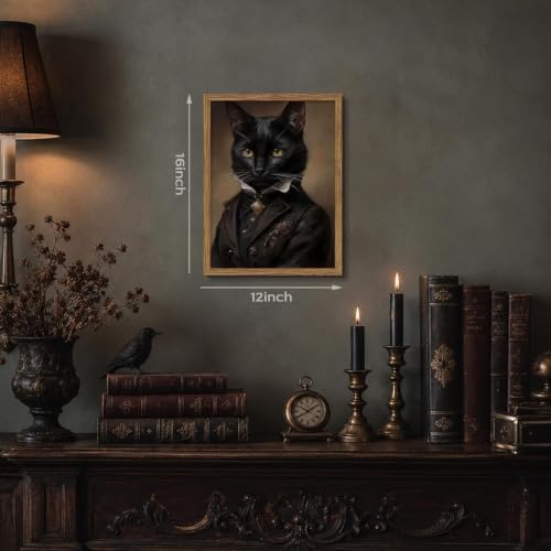 Black Cat Wall Art Canvas - Framed Gothic Bathroom Decor, 16x12 Inch, Halloween & Dark Academia Gift