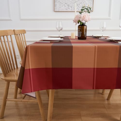 Red Brown Harvest Plaid Rectangular Table Cloth 60 x 102 Inch Waterproof Polyester