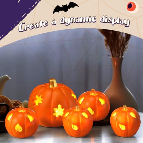 Lighted Pumpkin Decor Set - Orange Halloween Fall Lanterns for Autumn Table Centerpiece - 5 Pack