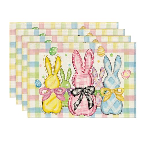 Colorful Buffalo Plaid Bunny Easter Placemats Set of 4 - 12x18 Yellow
