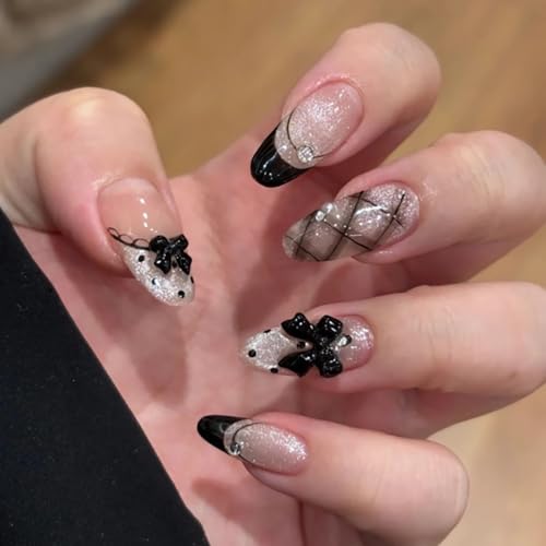 BABALAL Medium Almond Fake Nails Set with French Tips & Cat Eye Bling - Variation CNF001-01