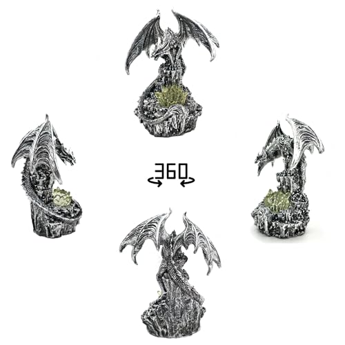 Silver Dragon Guarding Faux Crystal Light Statue with LED Glow - Fantasy Home Decor